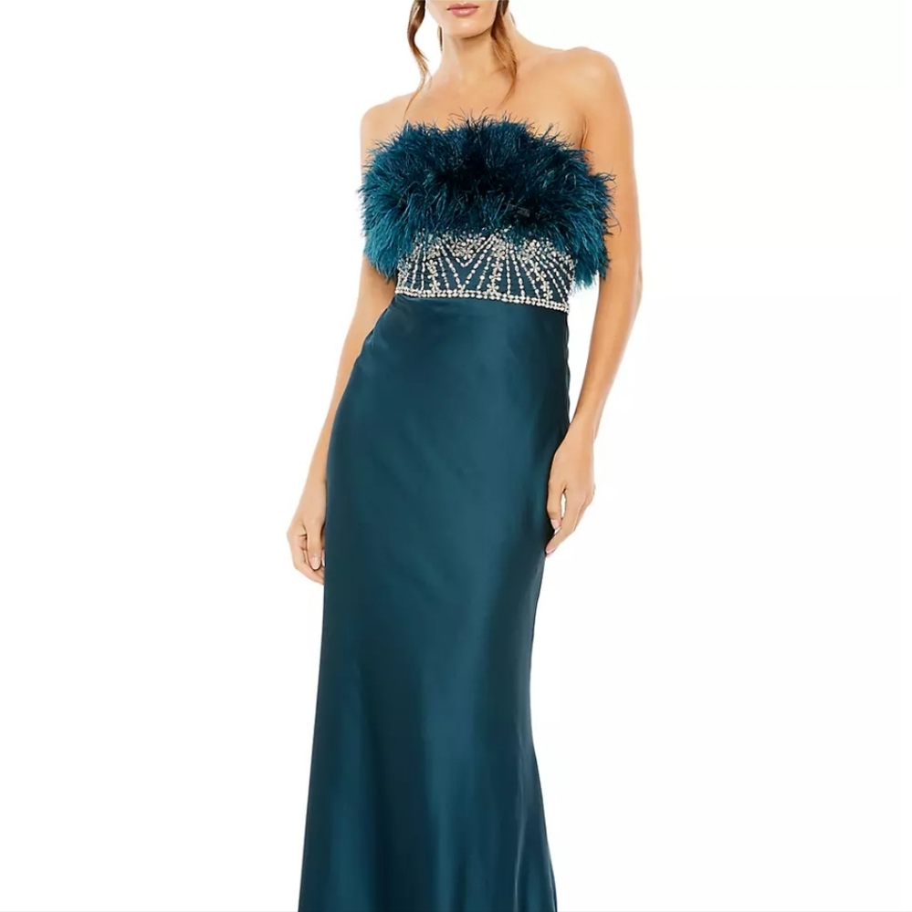 Mac Duggal Column Feather Rhinestone Gown Teal